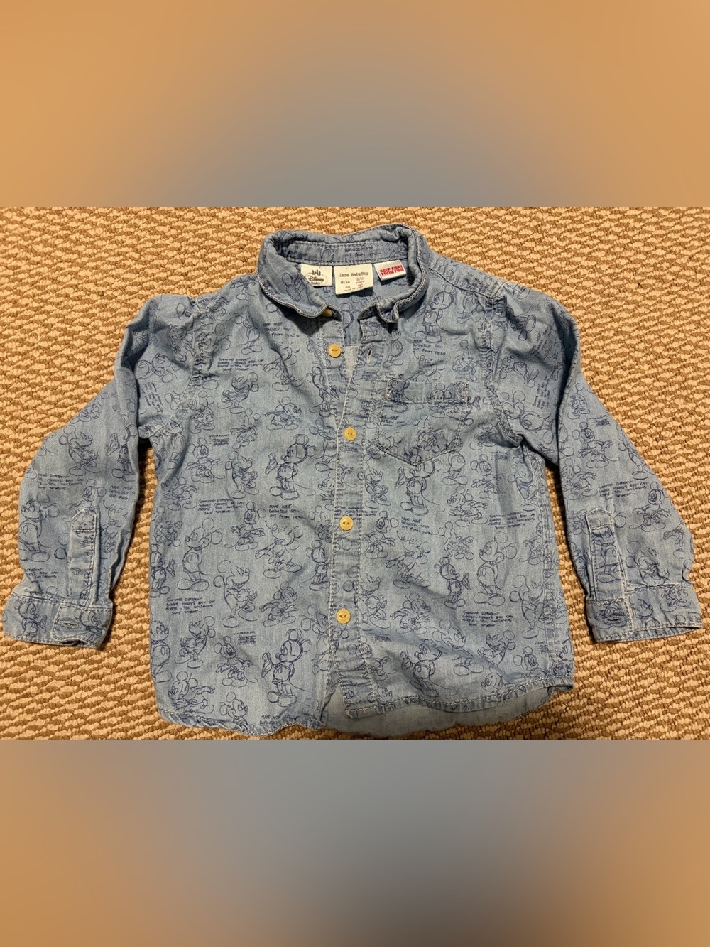 Zara baby size 2/3 year Light Blue Denim Mickey mouse Print Button-Down Shirt
